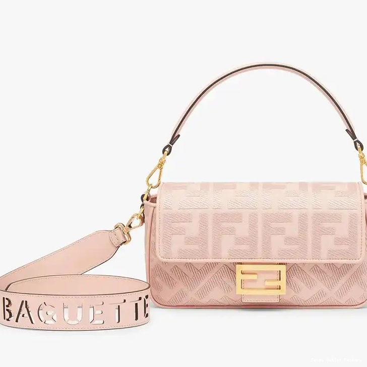 Vintage HOT Fendi FF Baguette Laser Motif In with Pink Bag Canvas Cut Strap Medium 0523